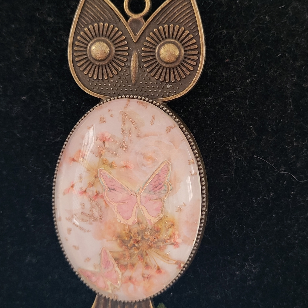 Handcrafted Brass Large Owl Necklace In Pinks and Golds